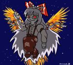  1girl baggy_pants cartoonized fire fujiwara_no_mokou hair_bow happy imperishable_night looking_at_viewer night_sky numemonko ok_sign one_girl phoenix pose pyrokinesis red_eyes red_pants simple_background solo stars touhou two-tone_bow white_hair white_shirt 