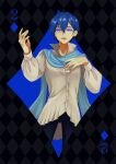  1boy absurdres blue_eyes blue_hair card glowing glowing_eyes hands_up highres hitobashira_alice_(vocaloid) kaito_(vocaloid) male_focus sassan_x scarf smile solo two_of_diamonds vocaloid 