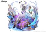  1girl 2021 absurdres blue_eyes character_request company_name copyright fantasy feathered_wings gran_saga headgear high_heels highres long_hair multicolored_eyes official_art silver_hair sitting solo thigh_strap violet_eyes water_drop white_hair wings yeon_bom 