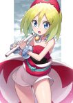  1girl arm_wrap blue_eyes eyebrow_cut flute hair_ornament highres instrument irida_(pokemon) pokemon pokemon_(game) pokemon_legends:_arceus red_headwear red_shirt shirt short_hair shorts solo strapless strapless_shirt tokumaro waist_cape white_shorts 