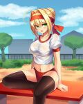  1girl ahoge black_legwear blonde_hair breasts buruma collarbone day edboy eyebrows_visible_through_hair fate/grand_order fate_(series) green_eyes hair_intakes highres large_breasts looking_at_viewer nero_claudius_(fate) nero_claudius_(olympian_bloomers)_(fate) outdoors see-through_shirt shirt solo thigh-highs wet wet_clothes wet_shirt white_shirt 