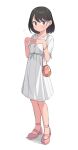  1girl bag black_hair dress earrings flying_sweatdrops full_body highres jewelry looking_at_viewer original own_hands_together pink_footwear saiste shoes short_hair shoulder_bag simple_background smile solo standing violet_eyes white_background white_dress 