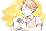  1boy :d ball closed_eyes glasses grin holding holding_ball jinnai_enta karushiumu_shougyo light_brown_hair male_focus sarazanmai short_hair short_sleeves simple_background smile soccer_ball solo star_(symbol) sweater_vest upper_body 