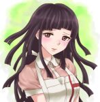  1girl apron bangs black_hair blush breasts closed_mouth collared_shirt commentary_request danganronpa_(series) danganronpa_2:_goodbye_despair dosugon large_breasts long_hair looking_at_viewer mole mole_under_eye pink_eyes pink_shirt puffy_short_sleeves puffy_sleeves shirt short_sleeves tsumiki_mikan upper_body white_apron white_background yellow_background 