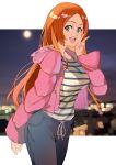  1girl :d absurdres bleach breasts brown_hair coat grey_eyes grey_pants highres hooded_coat ibaraki_shun inoue_orihime large_breasts long_hair long_sleeves looking_at_viewer open_clothes open_coat open_mouth pants pink_coat ribbon shiny shiny_hair shirt smile solo standing straight_hair striped striped_shirt v very_long_hair white_ribbon 