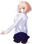  1girl arcueid_brunestud bangs black_legwear blonde_hair citron80citron eyebrows_visible_through_hair highres jewelry long_sleeves looking_at_viewer miniskirt pantyhose red_eyes short_hair skirt solo sweater tsukihime tsukihime_(remake) turtleneck 