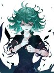  1girl black_dress curly_hair dress green_eyes green_hair highres ikurauni looking_at_viewer one-punch_man short_hair simple_background solo tatsumaki torn_clothes torn_sleeves white_background 