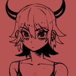  1girl @_@ bare_shoulders black_horns closed_mouth collarbone demon_girl demon_horns earrings eyelashes hair_between_eyes highres horns jewelry long_eyelashes original red_background red_theme short_hair simple_background sketch solo upper_body wltjdfnfn 