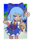  1girl absurdres anger_vein blue_bow blue_eyes blue_hair blush bow cirno dark-skinned_female dark_skin eyebrows_visible_through_hair flower hair_bow half-closed_eyes highres kemori kirby&#039;s_return_to_dream_land kirby_(series) looking_at_viewer open_mouth pointing pointing_at_viewer short_hair solo speech_bubble spoken_anger_vein sunflower tanned_cirno touhou 