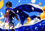  1boy arjuna_(fate) bangs black_eyes black_hair cape commentary_request dark-skinned_male dark_skin fate/grand_order fate_(series) flower gloves hair_between_eyes highres male_focus rubber_duck semi_finalfight short_hair solo white_gloves 