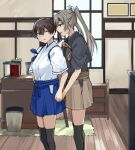  2girls bangs black_legwear blue_hakama book breasts brown_hakama green_eyes grey_hair hair_between_eyes hair_ribbon hakama hakama_skirt indoors japanese_clothes kaga_(kancolle) kantai_collection long_hair multiple_girls parted_lips ponytail ribbon samonasu17 side_ponytail skirt standing sweat tasuki thigh-highs twintails white_ribbon yellow_eyes yuri zuikaku_(kancolle) 