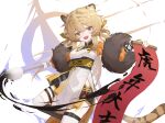  1girl :d absurdres animal_ear_fluff animal_ears arknights bangs black_shorts breasts brown_eyes brown_hair calligraphy_brush commentary_request du_(arknights) eyebrows_visible_through_hair fang hair_between_eyes highres holding holding_paintbrush japanese_clothes kimono long_hair long_sleeves looking_at_viewer mdo_(chdmw66) medium_breasts obi oversized_object paintbrush puffy_long_sleeves puffy_sleeves sash short_shorts shorts smile solo standing standing_on_one_leg tail thigh-highs tiger_ears tiger_girl tiger_tail very_long_hair white_kimono white_legwear 