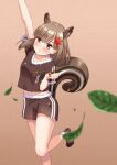  1girl :t absurdres acorn animal_ears arm_up autumn_leaves bangs blurry blurry_foreground brown_background brown_eyes brown_footwear brown_hair brown_shirt brown_shorts closed_mouth commentary_request depth_of_field eating eyebrows_visible_through_hair food food_on_face fur-trimmed_shirt fur-trimmed_shorts fur-trimmed_sleeves fur_trim hair_ornament highres holding leaf leaf_hair_ornament long_hair maple_leaf nukoko_(akumagansyakudairi) original paw_shoes personification shirt short_shorts short_sleeves shorts solo squirrel_ears squirrel_girl squirrel_tail standing standing_on_one_leg tail 