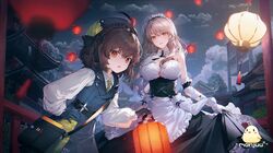  2girls ahoge apron architecture artist_request azur_lane bag belt black_belt black_dress black_ribbon blue_dress blue_gloves braid breasts bristol_(azur_lane) brown_hair charybdis_(azur_lane) clothing_cutout clouds dress east_asian_architecture frilled_apron frills gloves green_necktie hair_ribbon hand_on_own_chest highres lantern large_breasts layered_dress leaning_forward loading_screen looking_at_viewer maid_headdress medium_hair multiple_girls necktie night night_sky official_art orange_eyes outdoors paper_lantern pen ribbon shirt shoulder_bag skirt_hold sky sleeveless sleeveless_dress standing two-tone_dress underboob_cutout waist_apron white_apron white_dress white_gloves white_shirt wing_collar 