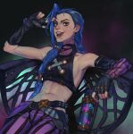  1girl arcane:_league_of_legends arcane_jinx arm_tattoo asymmetrical_bangs bangs bare_shoulders belt black_belt black_choker black_pants blue_hair braid breasts choker cloud_tattoo collarbone commentary fingerless_gloves gloves gun holding holding_gun holding_weapon jinx_(league_of_legends) league_of_legends long_hair navel pants pink_pants rei_(tdn_ng) shoulder_tattoo sitting smile solo stomach_tattoo striped striped_pants tattoo teeth twin_braids very_long_hair weapon 