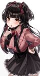  1girl absurdres bangs black_hair black_legwear black_skirt blunt_bangs blush breasts brown_eyes commentary highres idolmaster idolmaster_shiny_colors kudou_(sikisiki0000) large_breasts long_hair long_sleeves looking_at_viewer mask mayuzumi_fuyuko mouth_mask open_mouth pink_shirt shirt skirt solo surgical_mask two_side_up 