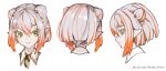  1girl character_sheet double_bun english_commentary eyebrows_visible_through_hair eyeshadow frown green_eyes grey_hair hair_behind_ear highres looking_at_viewer mahou_arms makeup multicolored_hair multiple_views official_art orange_eyeshadow orange_hair pointy_ears seiko_(mahou_arms) short_hair softmode streaked_hair 