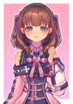  1girl absurdres blue_eyes blush brown_hair closed_mouth cross cross_earrings earrings eyebrows_visible_through_hair highres idolmaster idolmaster_cinderella_girls idolmaster_cinderella_girls_starlight_stage jewelry looking_at_viewer medium_hair qiu_ju sakuma_mayu smile solo twintails two_side_up upper_body 