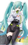  aqua_eyes bangs black_bodysuit black_gloves black_legwear bodysuit car commentary_request covered_mouth eyebrows_visible_through_hair gloves green_gloves green_hair ground_vehicle hair_between_eyes hand_to_own_mouth hatsune_miku highres jacket long_sleeves looking_at_viewer motor_vehicle puffy_long_sleeves puffy_sleeves racing_miku simple_background single_thighhigh sleeves_past_wrists thigh-highs twintails vocaloid white_background white_jacket yusake_san 