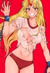  blonde_hair blouse breasts buruma chain collarbone cuffs fingernails grin highres horns hoshiguma_yuugi long_fingernails long_hair medium_breasts midriff navel oni pointy_ears red_background red_buruma red_eyes red_horns red_nails shackles shirt short_sleeves sibata_maru simple_background smile stomach torn_clothes touhou white_blouse white_shirt 