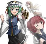  3girls :d ;) animal_on_head asymmetrical_hair balance_scale bangs bird bird_on_head bird_wings black_skirt blonde_hair blue_eyes blue_vest chick closed_mouth eyebrows_visible_through_hair frilled_hat frills green_hair hair_bobbles hair_ornament hat hat_ribbon holding holding_scythe in_mouth juliet_sleeves long_sleeves looking_at_viewer multicolored_hair multiple_girls niwatari_kutaka on_head one_eye_closed onozuka_komachi open_mouth orange_skirt puffy_sleeves red_eyes redhead ribbon ribbon-trimmed_skirt ribbon_trim rod_of_remorse scythe shiki_eiki short_hair simple_background skirt smile spam_(spamham4506) touhou two-tone_hair two_side_up vest weighing_scale white_background wide_sleeves wings yellow_wings 