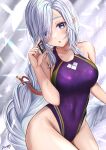  1girl absurdres bangs bare_arms blue_eyes blush breasts competition_swimsuit covered_navel genshin_impact hair_between_eyes hair_over_one_eye highres holding large_breasts long_hair nori_chazuke one-piece_swimsuit open_mouth purple_swimsuit shenhe_(genshin_impact) signature silver_hair solo swimsuit very_long_hair 
