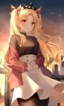  1girl absurdres alternate_costume bangs black_legwear black_shirt blonde_hair breasts building cityscape earrings ereshkigal_(fate) fate/grand_order fate_(series) hair_ribbon high-waist_skirt highres jacket jewelry kyo_(maae00) long_hair long_sleeves medium_breasts off_shoulder outdoors parted_bangs red_eyes red_jacket red_ribbon ribbon shirt skirt skull_necklace skyscraper solo tiara two_side_up very_long_hair white_skirt 