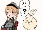  1girl anchor_hair_ornament aqua_eyes artist_self-insert blonde_hair blush_stickers camouflage commentary_request grey_headwear hair_ornament hat kantai_collection long_hair low_twintails military military_hat military_uniform original peaked_cap prinz_eugen_(kancolle) rabbit smile twintails uniform upper_body white_background wss_(nicoseiga19993411) 