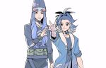  2boys adaman_(pokemon) arm_wrap blue_coat blue_hair bright_pupils closed_mouth coat diamond_clan_outfit earrings green_bag hand_up heart_hands_failure highres jewelry long_hair looking_at_viewer male_focus melli_(pokemon) multicolored_hair multiple_boys outstretched_arm parted_lips pokemon pokemon_(game) pokemon_legends:_arceus saikin_mz_suki simple_background smile tied_hair w white_background white_pupils wristband 