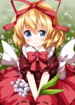  1girl blonde_hair blue_eyes blush brown_shirt closed_mouth eyebrows_visible_through_hair flower hair_between_eyes hair_ribbon highres lily_of_the_valley looking_at_viewer medicine_melancholy puffy_short_sleeves puffy_sleeves red_ribbon red_skirt ribbon ruu_(tksymkw) shirt short_hair short_sleeves skirt smile solo touhou white_flower 