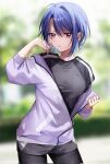  1girl bangs blue_hair blurry blurry_background blush brown_eyes chigusa_minori closed_mouth day highres jacket looking_at_viewer open_clothes open_jacket original outdoors shirt short_hair short_shorts shorts sky solo standing sweat t-shirt tree 