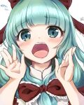  1girl \||/ aqua_hair bangs blue_eyes blunt_bangs blush bow eyebrows_visible_through_hair flying_sweatdrops frilled_bow frills front_ponytail hair_bow hands_up highres kagiyama_hina long_hair looking_at_viewer open_mouth red_bow reldy screaming simple_background solo teeth tongue touhou upper_body upper_teeth white_background 