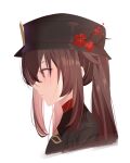  1girl bangs beijiushui black_headwear brown_hair cropped_torso flower from_side genshin_impact gun hair_between_eyes hat hat_flower highres hu_tao_(genshin_impact) long_hair parted_lips portrait red_eyes red_flower rifle shiny shiny_hair solo twintails weapon white_background 