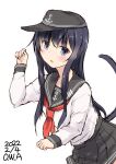  1girl akatsuki_(kancolle) anchor_symbol black_hair black_headwear black_sailor_collar black_skirt cat_tail dated flat_cap hat highres kantai_collection leaning_forward long_hair neckerchief one-hour_drawing_challenge owa_(ishtail) pleated_skirt red_neckerchief sailor_collar school_uniform serafuku simple_background skirt solo tail violet_eyes white_background 