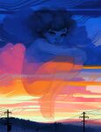  1girl artist_name barefoot breasts closed_mouth clouds commentary crossed_arms curly_hair english_commentary full_body geneva_bowers knees_up looking_at_viewer medium_hair original outdoors shooting_star sky solo star_(sky) sunset utility_pole watermark 