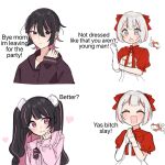  1boy 1girl aozora_kurumi black_eyes black_hair brown_hoodie bye_dad_i&#039;m_leaving_for_the_party_(meme) cat colored_inner_hair elbow_gloves english_commentary english_text eyebrows_visible_through_hair gloves grey_eyes grey_hair hair_behind_ear head_tilt heart highres hood hoodie indie_virtual_youtuber jetson_(aozora_kurumi) meme moenaomii moenaomii_(artist) multicolored_hair otoko_no_ko pink_eyes pink_hair project_kavvaii redhead short_hair single_elbow_glove smile streaked_hair two_side_up v-shaped_eyebrows virtual_youtuber wrist_cuffs 