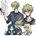  1boy 2girls akamatsu_kaede amami_rantarou antenna_hair bangs black_jacket blonde_hair blue_hair bracelet collarbone criis-chan danganronpa_(series) danganronpa_v3:_killing_harmony ear_piercing eyebrows_visible_through_hair glasses green_hair grey_background hair_ornament jacket jewelry long_hair looking_at_viewer multiple_girls multiple_views musical_note_hair_ornament neck_ribbon necklace piercing pink_vest red_ribbon ribbon shiny shiny_hair shirogane_tsumugi shirt short_hair simple_background smile sparkle twitter_username vest 