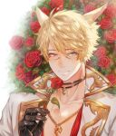  1boy animal_ear_fluff animal_ears aqua_eyes bangs black_gloves blonde_hair blush cat_ears chain_necklace choker closed_mouth eyelashes facial_mark final_fantasy final_fantasy_xiv floral_background flower gloves gold_trim hand_up heterochromia highres holding holding_flower jewelry let_o0 looking_at_viewer male_focus miqo&#039;te pendant portrait red_flower red_rose rose short_hair slit_pupils smile solo violet_eyes white_background 