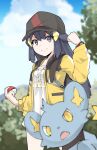  1girl absurdres bangs black_hair blurry buttons clenched_hand closed_mouth clouds commentary day dress eyebrows_visible_through_hair eyelashes grey_eyes hair_ornament hairclip hand_up hat highres hikari_(pokemon) holding holding_poke_ball jacket long_hair looking_at_viewer open_clothes open_jacket outdoors poke_ball poke_ball_(basic) pokemon pokemon_(creature) pokemon_(game) pokemon_bdsp poketch shinx sidelocks sky smile valefal_coneri watch watch white_dress yellow_jacket 
