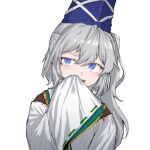  1girl bangs blue_eyes blush covering_mouth eyebrows_visible_through_hair grey_hair hat highres japanese_clothes juikitchi kariginu long_hair looking_to_the_side mononobe_no_futo open_mouth ponytail ribbon-trimmed_sleeves ribbon_trim side_ponytail simple_background sketch sleeves_past_fingers sleeves_past_wrists sweatdrop tate_eboshi thick_eyebrows touhou white_background 