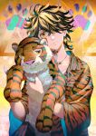  1boy absurdres animal_print black_hair blonde_hair closed_mouth earrings hair_over_one_eye hanemiya_kazutora highres holding holding_stuffed_toy jacket jewelry kyuuba_melo long_hair male_focus multicolored_hair neck_tattoo necklace orange_background orange_jacket single_earring solo stuffed_animal stuffed_toy tattoo tiger_print tokyo_revengers two-tone_hair upper_body wide_sleeves yellow_eyes 