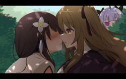  3girls after_kiss assault_lily ayumu_(ayumu3659) bangs black_bow black_capelet black_hair black_ribbon blunt_bangs blurry blurry_background blush bow brown_hair bush capelet chibi chromatic_aberration collared_shirt commentary_request day eyebrows_visible_through_hair face-to-face flower from_side hair_between_eyes hair_bow hair_flower hair_ornament hair_ribbon jitome kuo_shenlin letterboxed looking_at_another miriam_hildegard_von_gropius multiple_girls no_eyes no_pupils nose_blush one_side_up outdoors peeking_out portrait profile ribbon saliva saliva_trail school_uniform shade shaded_face shirt sidelocks silver_hair tassel tree_shade violet_eyes wang_yujia white_flower white_shirt yellow_eyes yuri yurigaoka_girls_academy_school_uniform 