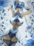  1girl armpits arms_behind_head bangs black_legwear blue_eyes blue_flower blue_hair blunt_bangs breasts detached_sleeves double_bun earrings flower gloves holding holding_staff jewelry large_breasts league_of_legends looking_at_viewer lux_(league_of_legends) official_alternate_costume porcelain_lux rain_wzq short_hair skindentation smile solo staff thigh-highs white_background 