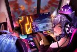  2girls ahoge blue_hair blurry blurry_background book cellphone chair curled_horns desktop diamond-shaped_pupils diamond_(shape) embarrassed from_behind gaming_chair ganyu_(genshin_impact) genshin_impact goat_horns hair_cones headphones highres horns indoors keqing_(genshin_impact) keyboard_(computer) looking_at_viewer looking_back multiple_girls off_shoulder phone plant playing_games purple_hair purple_shirt shirt sitting slime_(genshin_impact) strap surprised symbol-shaped_pupils table tree turning_head violet_eyes window yawy8272 