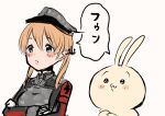  1girl anchor_hair_ornament aqua_eyes artist_self-insert blonde_hair blush_stickers camouflage commentary_request grey_headwear hair_ornament hat kantai_collection long_hair low_twintails military military_hat military_uniform original peaked_cap prinz_eugen_(kancolle) rabbit thinking twintails uniform upper_body white_background wss_(nicoseiga19993411) 