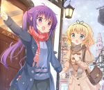  2girls :d absurdres bag black_jacket black_skirt blonde_hair blue_sky blue_sweater blush brown_capelet brown_coat brown_scarf building capelet coat commentary_request day fringe_trim gochuumon_wa_usagi_desu_ka? green_eyes highres holding_hands jacket kirima_sharo lantern long_hair long_sleeves multiple_girls open_clothes open_jacket outdoors outstretched_arm pink_scarf pointing purple_hair scarf shoulder_bag skirt sky sleeves_past_wrists smile snowing stick_jitb sweater tedeza_rize tower twintails very_long_hair violet_eyes window 