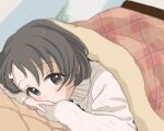  1girl beige_sweater black_eyes black_hair blush bunny_hair_ornament covered_mouth curtains eyelashes hair_ornament head_rest idolmaster idolmaster_cinderella_girls indoors kotatsu looking_at_viewer lying megabee_e on_stomach own_hands_together sasaki_chie solo table 