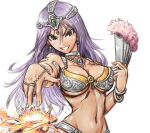  1girl amania_orz bikini bracelet breasts choker circlet dancer&#039;s_costume_(dq) dark-skinned_female dark_skin dragon_quest dragon_quest_iv earrings fire jewelry large_breasts long_hair looking_at_viewer magic manya_(dq4) navel purple_hair simple_background smile solo swimsuit white_background 