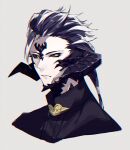  1boy absurdres au_ra black_hair black_sclera braid braided_ponytail colored_sclera cropped_torso facial_mark final_fantasy final_fantasy_xiv forehead_mark frown hair_slicked_back highres horns long_hair looking_at_viewer male_focus motsuni_(lxxe1120) multicolored_hair portrait scales short_hair simple_background single_braid solo streaked_hair yellow_eyes 