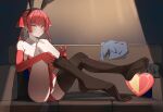  1girl animal_ears blush couch elbow_gloves feet gloves heterochromia highres hololive houshou_marine leotard long_hair looking_at_viewer milksauce parted_lips playboy_bunny rabbit_ears red_eyes redhead see-through_legwear soles solo tied_hair toes virtual_youtuber yellow_eyes 